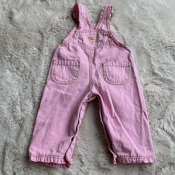 OshKosh B’gosh Vintage Pink‎ Pinstripe Butterfly Baby Girl Vestbak Overalls Bibs - Picture 5 of 8